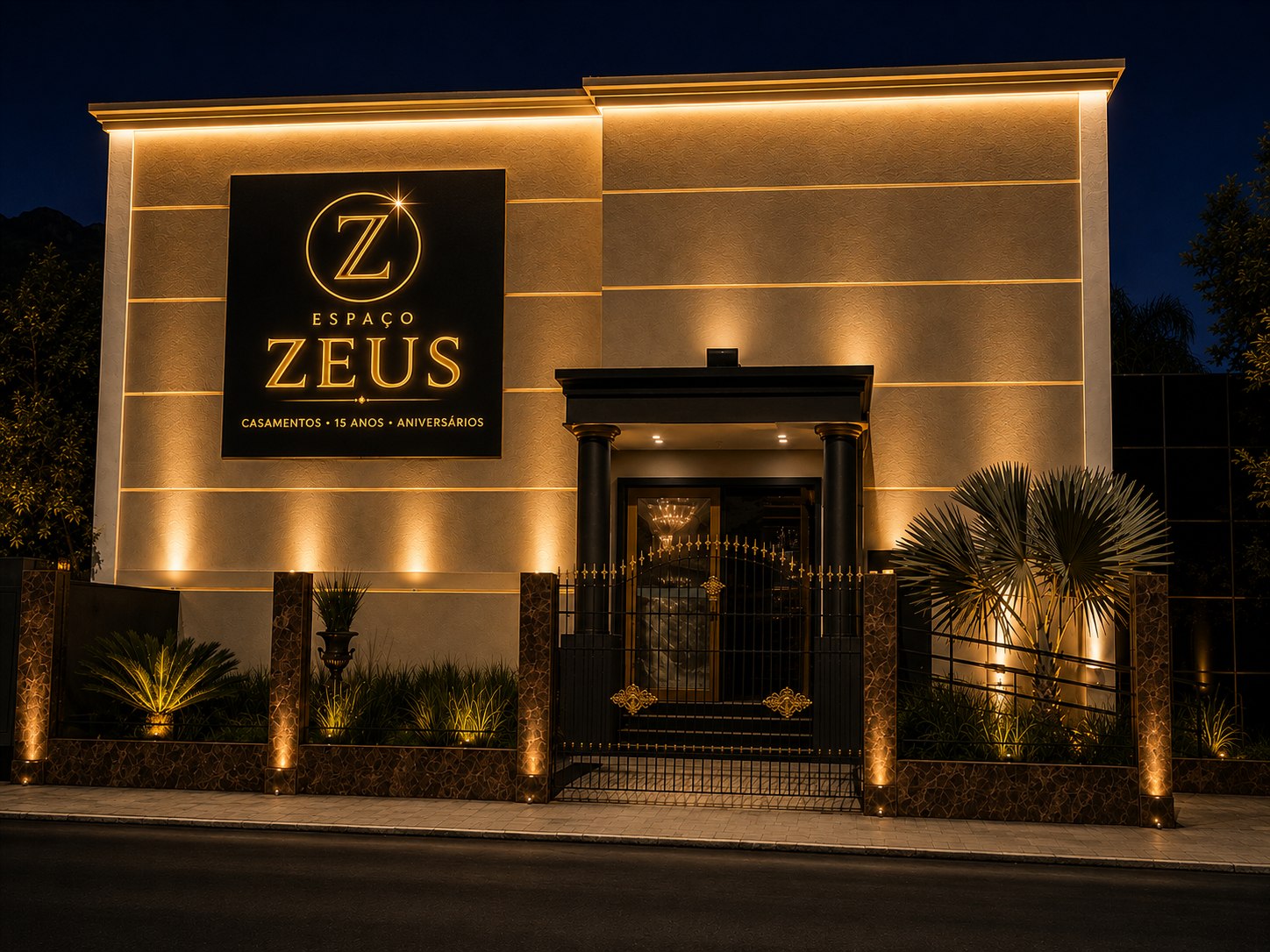 Fachada iluminada do Espaço Zeus na Freguesia, em Jacarepaguá, Rio de Janeiro
