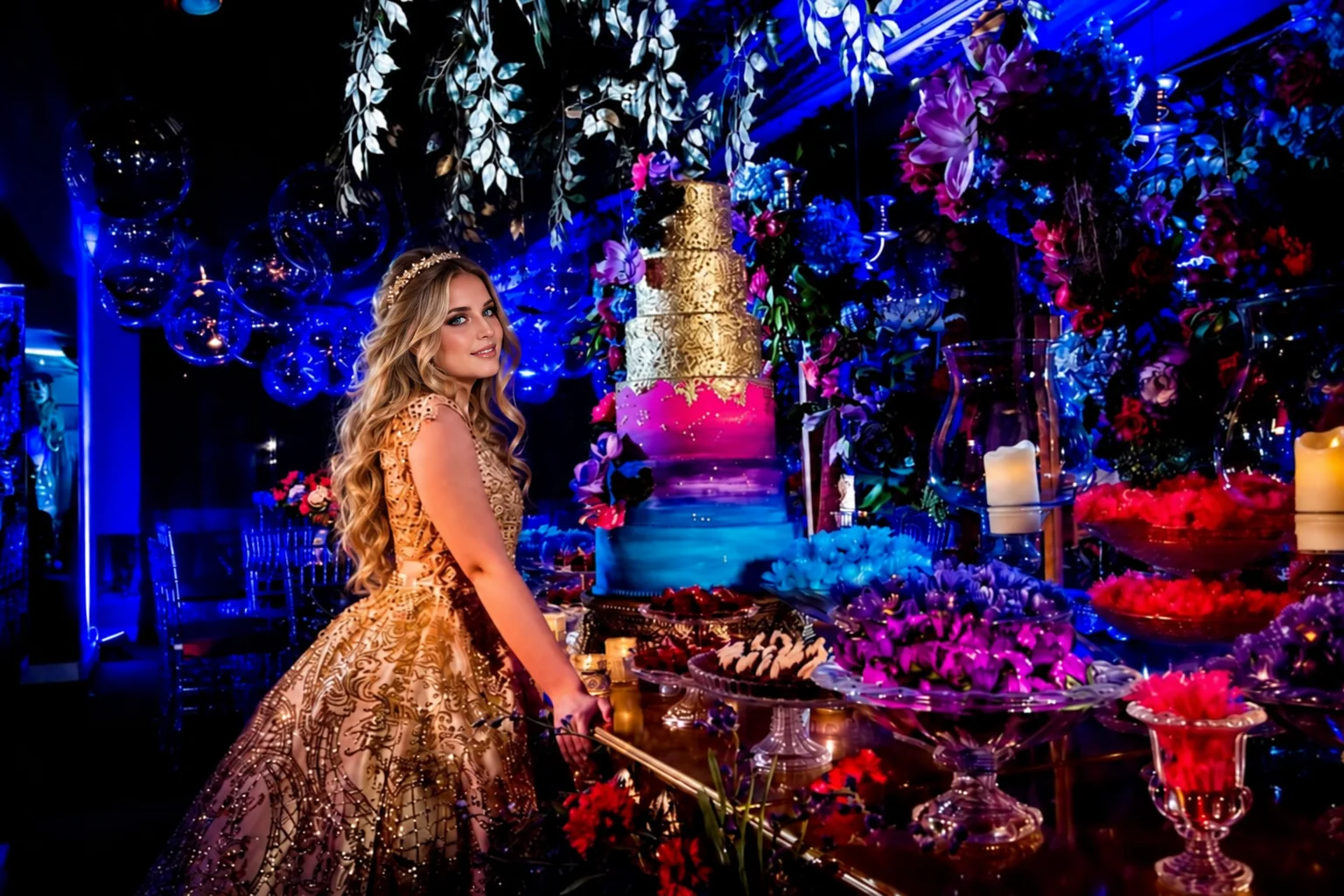 Debutante em vestido dourado junto à mesa de festa de 15 anos no Espaço Zeus