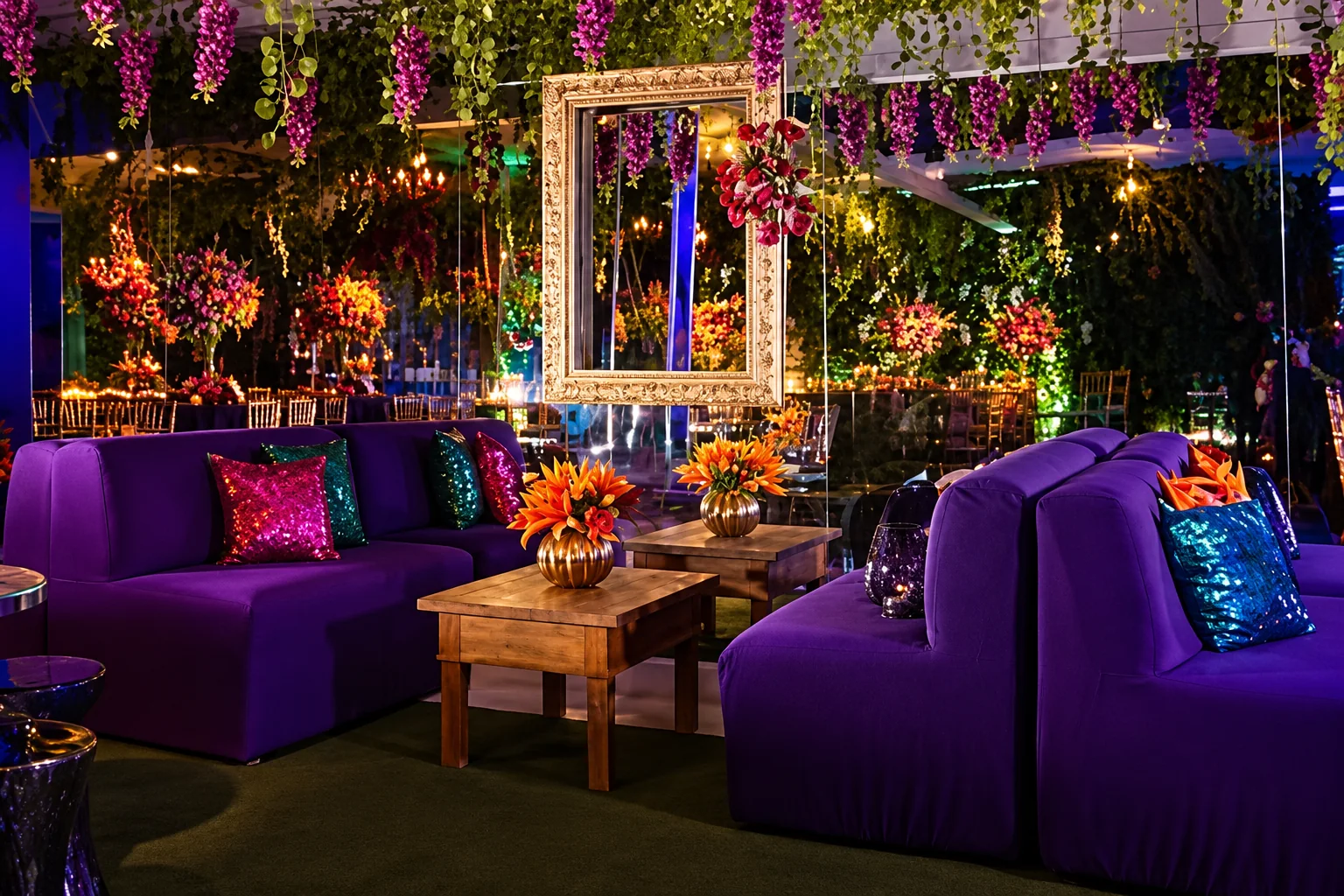 Lounge do Espaço Zeus com sofás roxos, arranjos florais e decoração suspensa